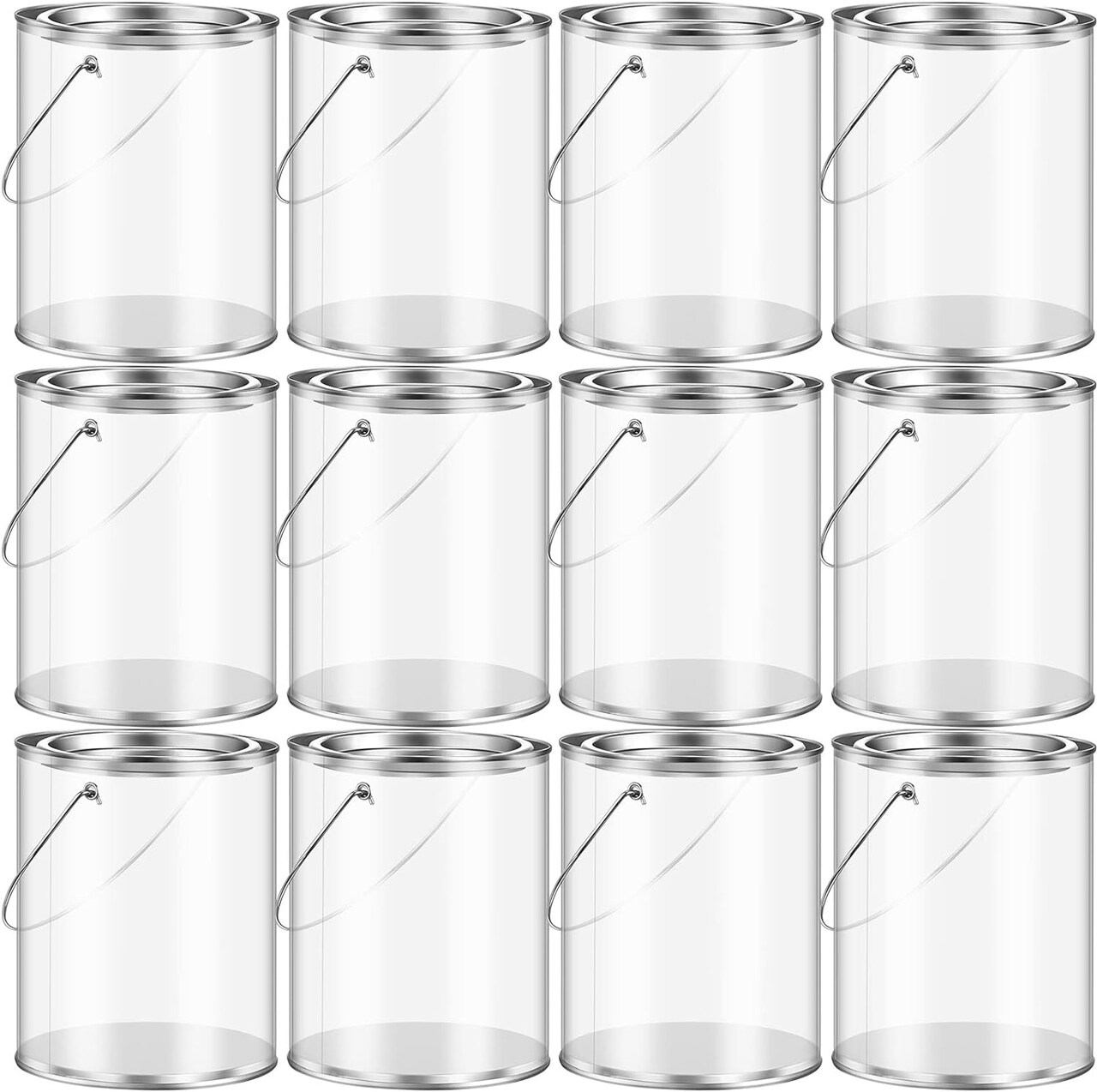 12 Pack Clear Paint Cans Paint Bucket with Metal Lids and Handle Decorative Clear Plastic Bucket Storage Paint Can Plastic Paint Can Containers (5 Inch Tall)